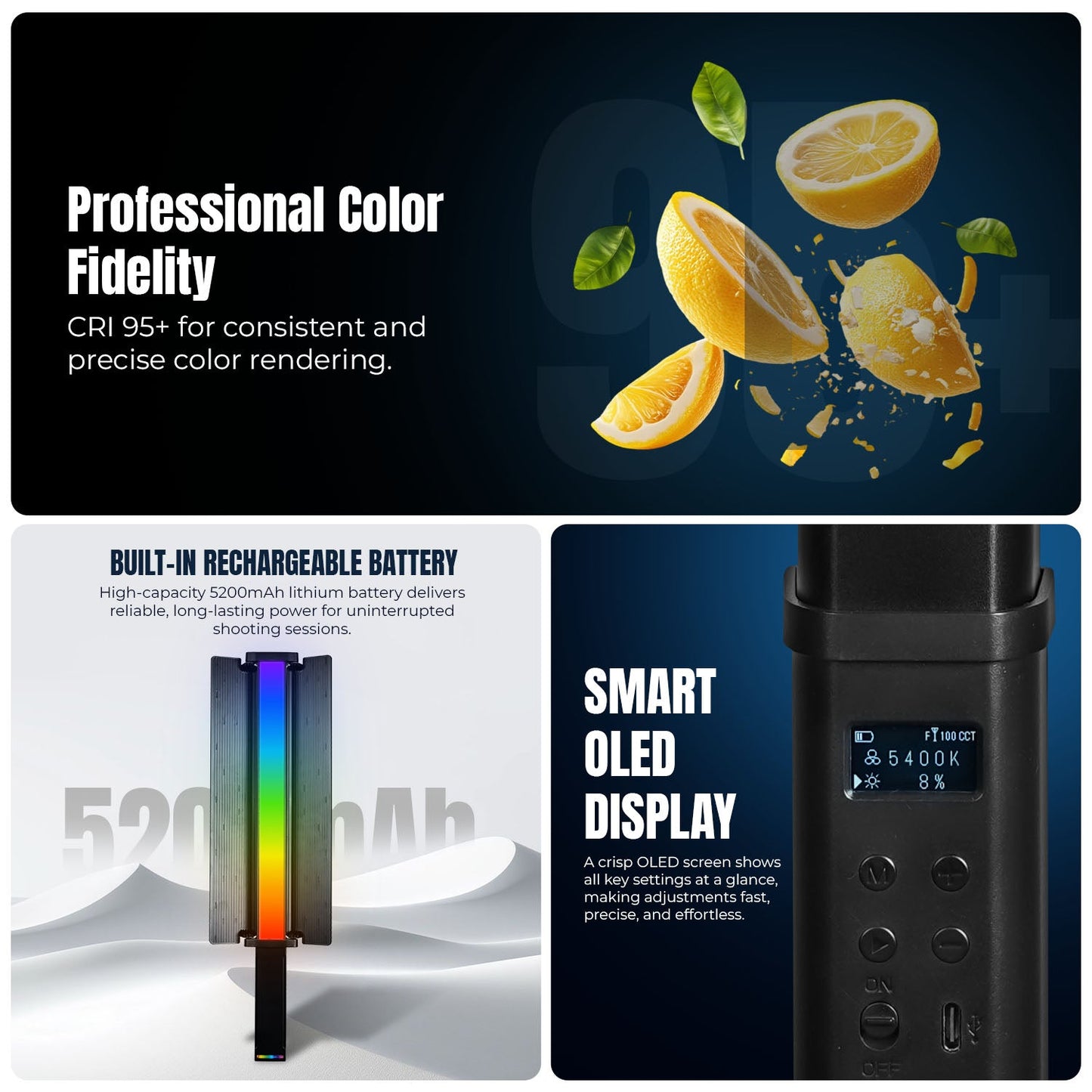 HIFFIN HF-1000 RGB LED Light Stick | 60 Watt, 18700 Lux | 2500K-9000K | CRI 95+ | 24 FX | App Control | Rechargeable LED Light for Photography & YouTube