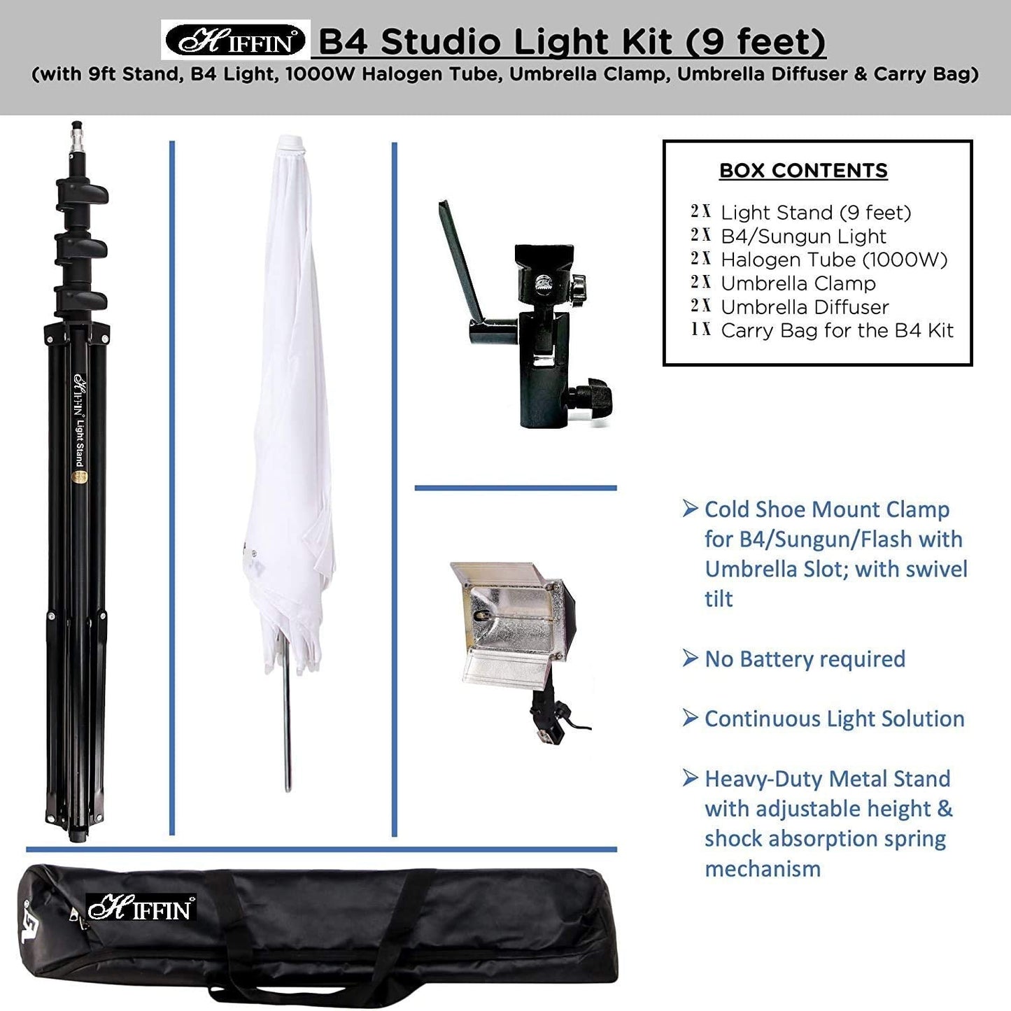 HIFFIN® Studio Home 33 Umbrella Stand Setup With Sungun Semi Heavy Bracket Umbrella Adapter B-Bracket And Stand Double Set With Continuous/Video Light With 1000 Watt Halogen Tube B4 Light Kit Set Of 2