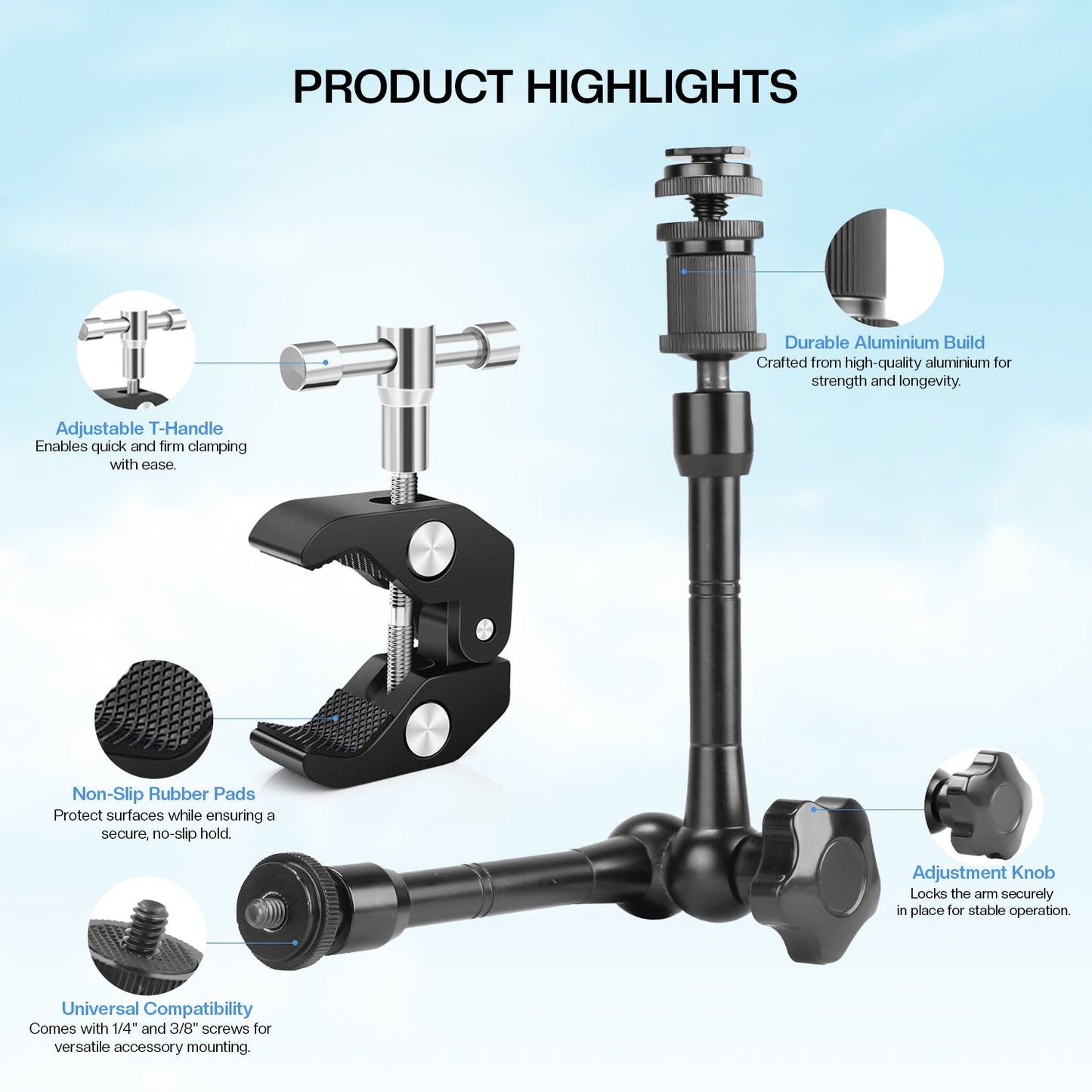 HIFFIN® 11inch Adjustable Articulating Friction Magic Arm & Large Super Clamp for Camera Rig, LCD Monitor, LED Flash Lights (11 inch Magic arm+clamp)