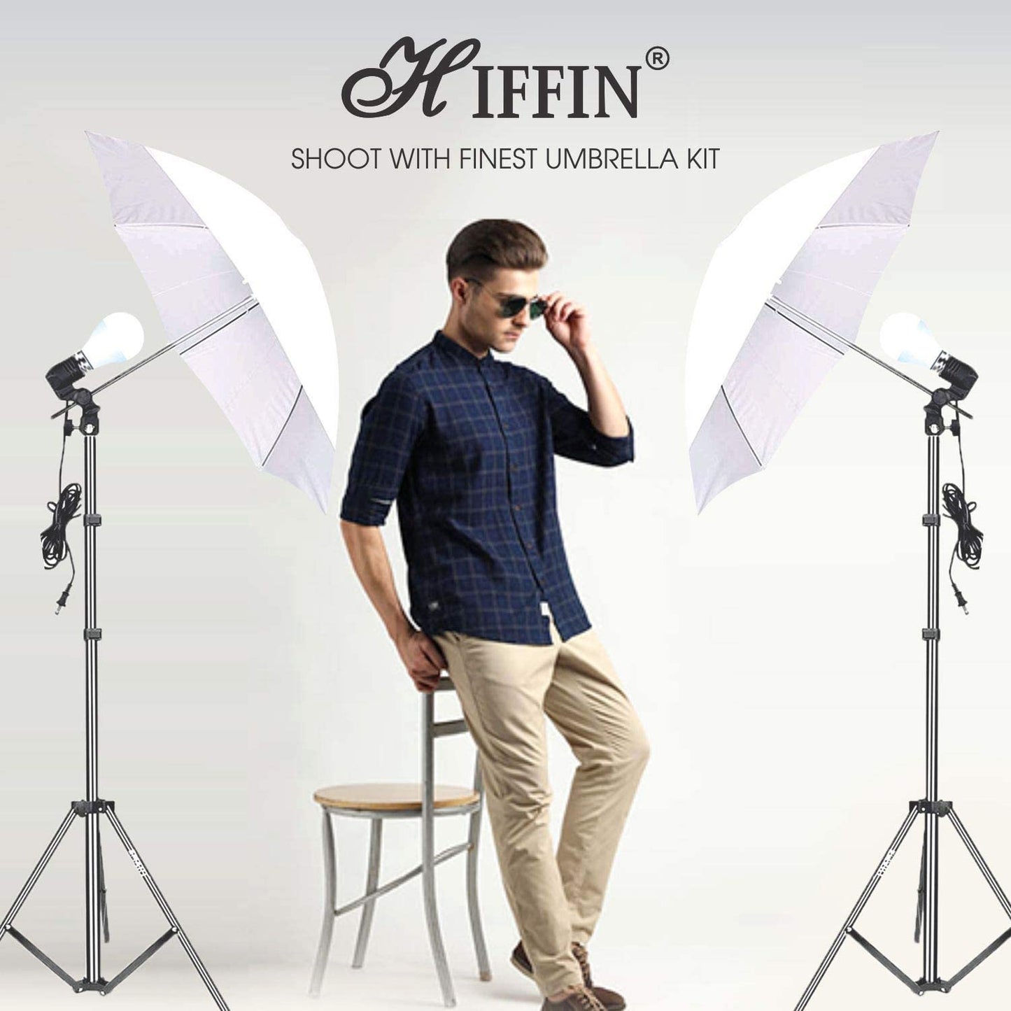 HIFFIN® E27 3 Point Studio Single Holder KIT Umbrella White + Studio Light Stand 9 FT+ Umbrella and Bulb Holder KIT Mark III | 3 Single Holder | 3 Light Stand 9ft | 3 Umbrella | 3 20 WT LED Bulb