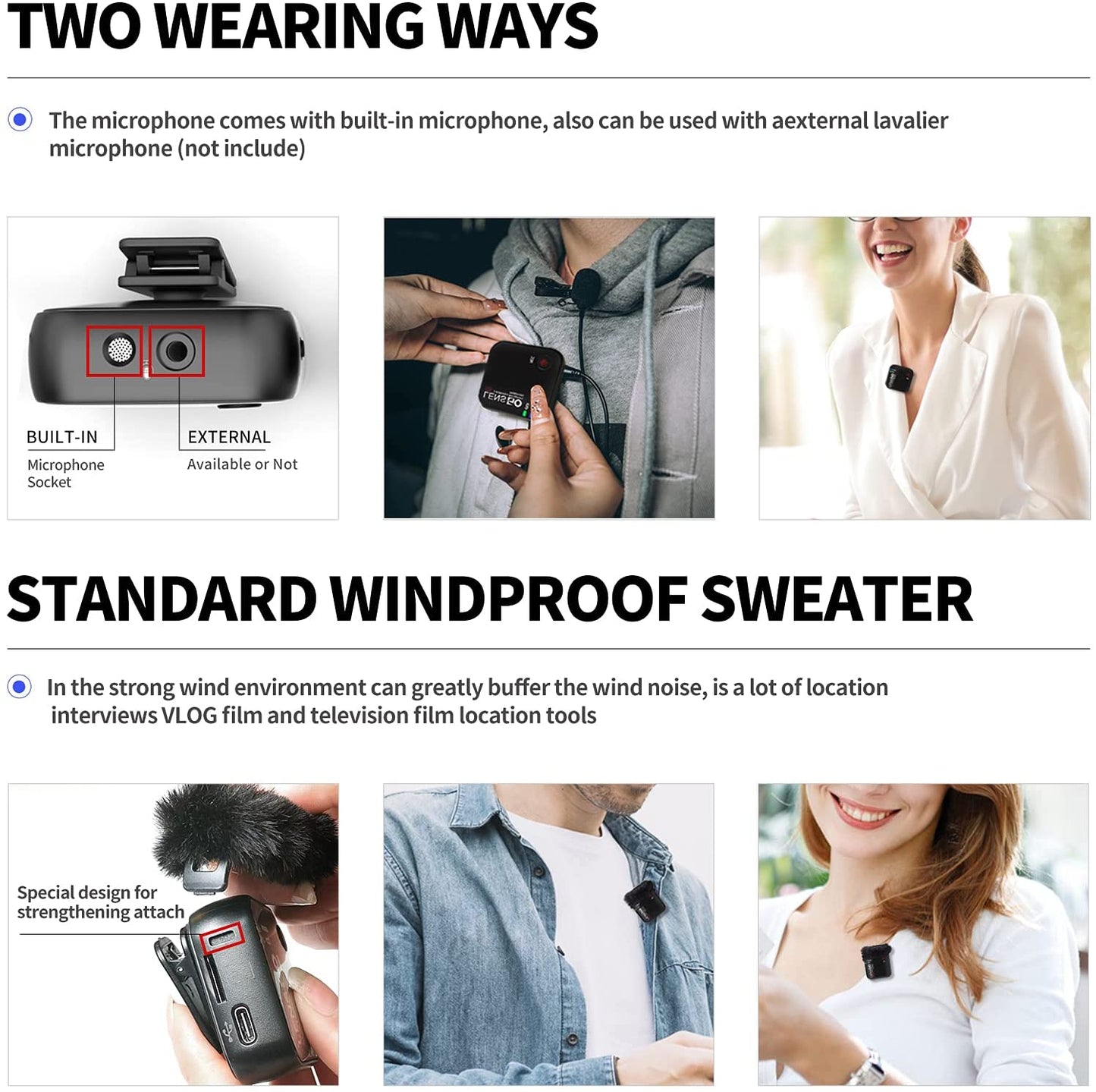 LENSGO 348-C Compact Wireless Microphone System Transmitter/Receiver Wireless Solution with Magnetic Gear Clip-On Lavalier Microphone (2 TX & 1 RX)