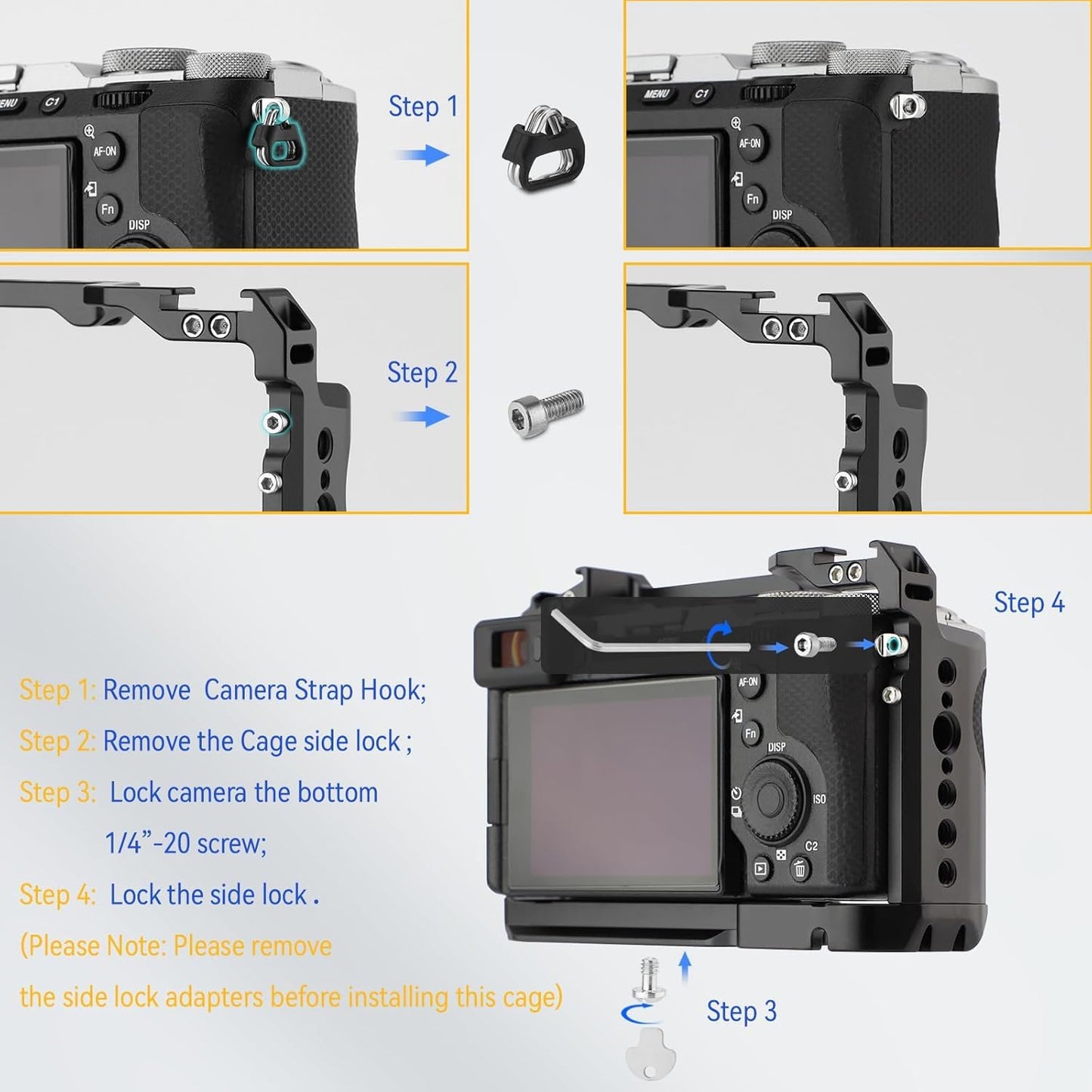 HIFFIN Metal Cage Compatible with Sony Alpha A7CII/ A7CR Cameras, Quick Release Arca-Type Base, 1/4" & 3/8" Screws, Cold Shoe Mounts for Microphone, Monitor, and Fill Light Expansion