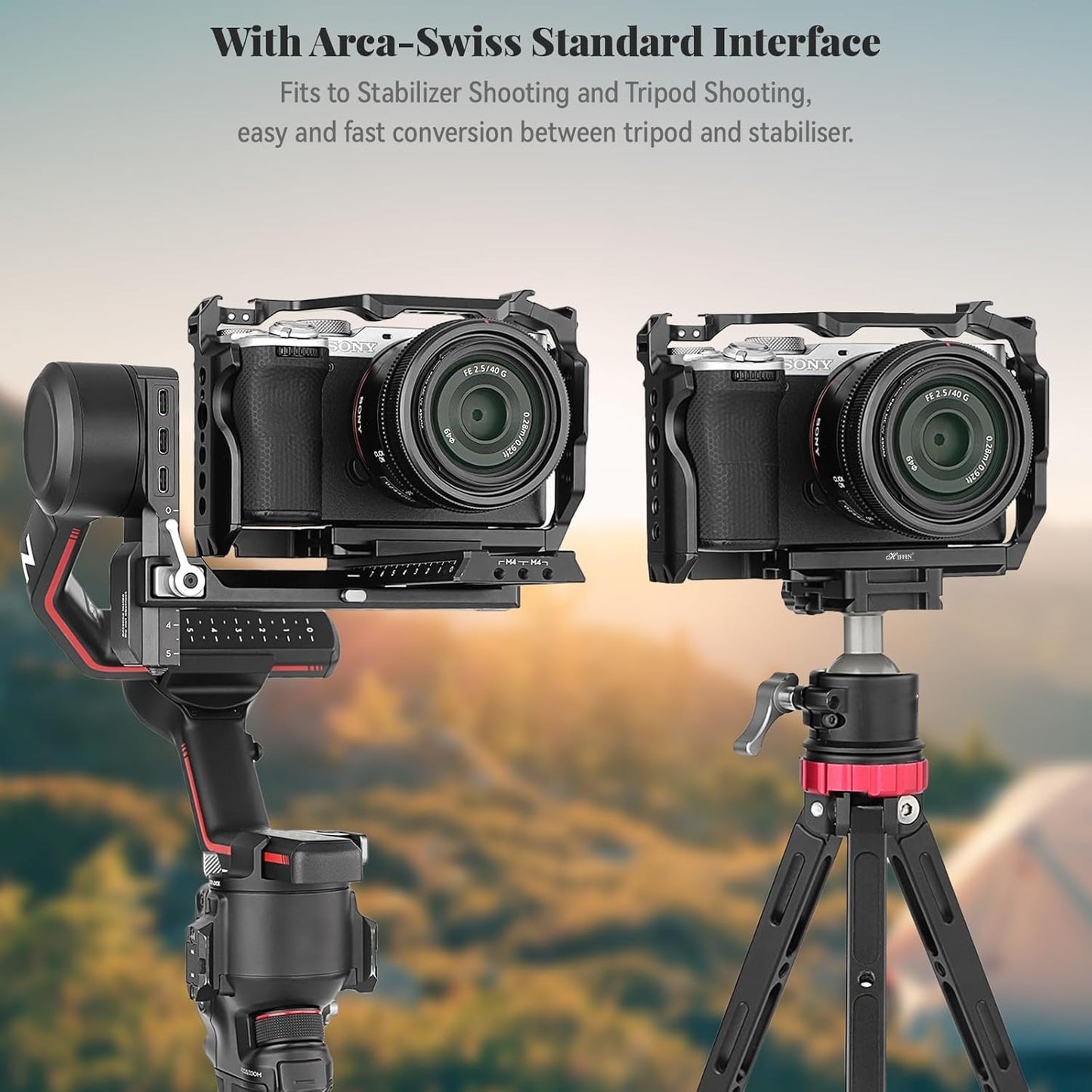 HIFFIN Metal Cage Compatible with Sony Alpha A7CII/ A7CR Cameras, Quick Release Arca-Type Base, 1/4" & 3/8" Screws, Cold Shoe Mounts for Microphone, Monitor, and Fill Light Expansion
