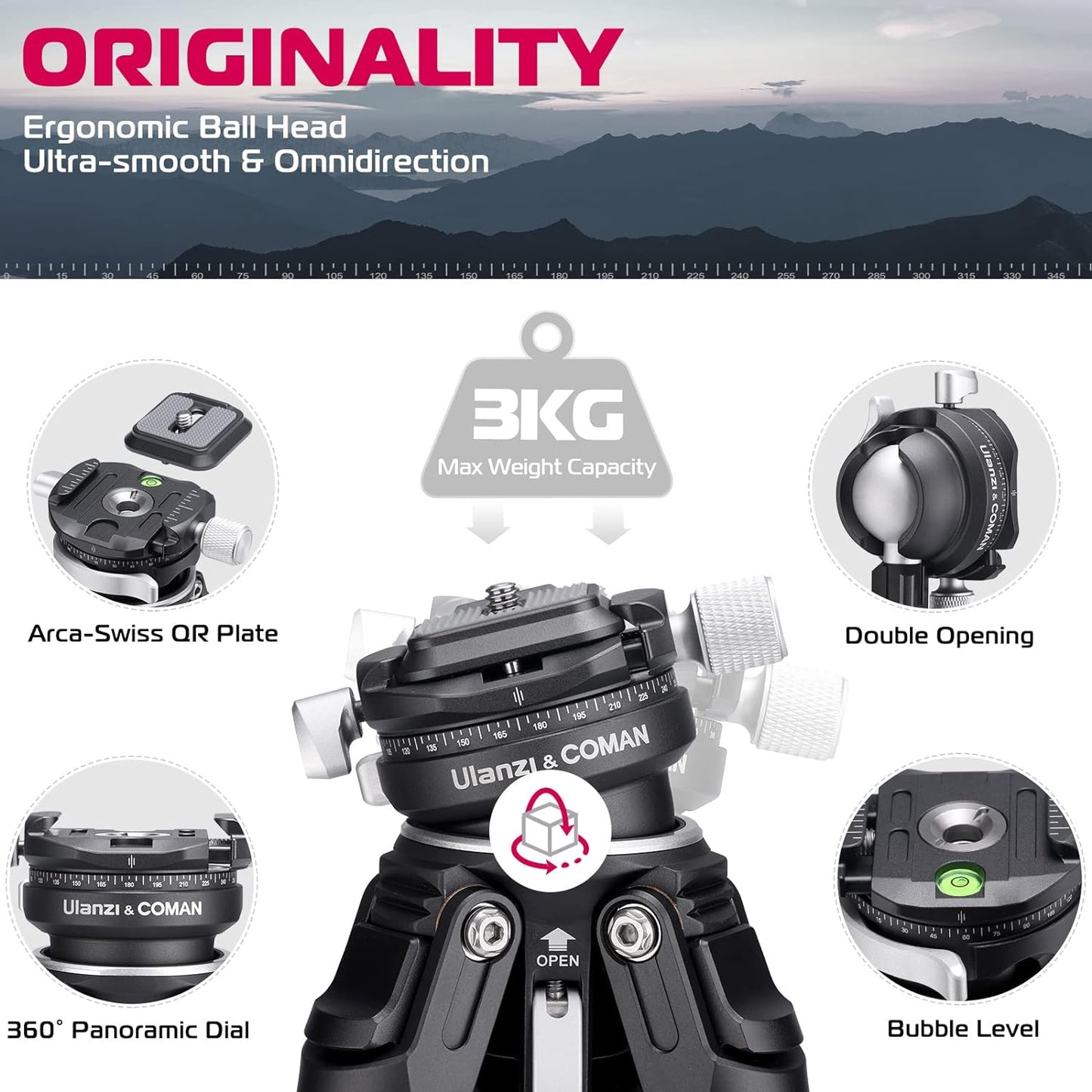 Zero Y Professional Carbon Fiber Camera Tripod, 360° Ballhead, 39lb Max Load