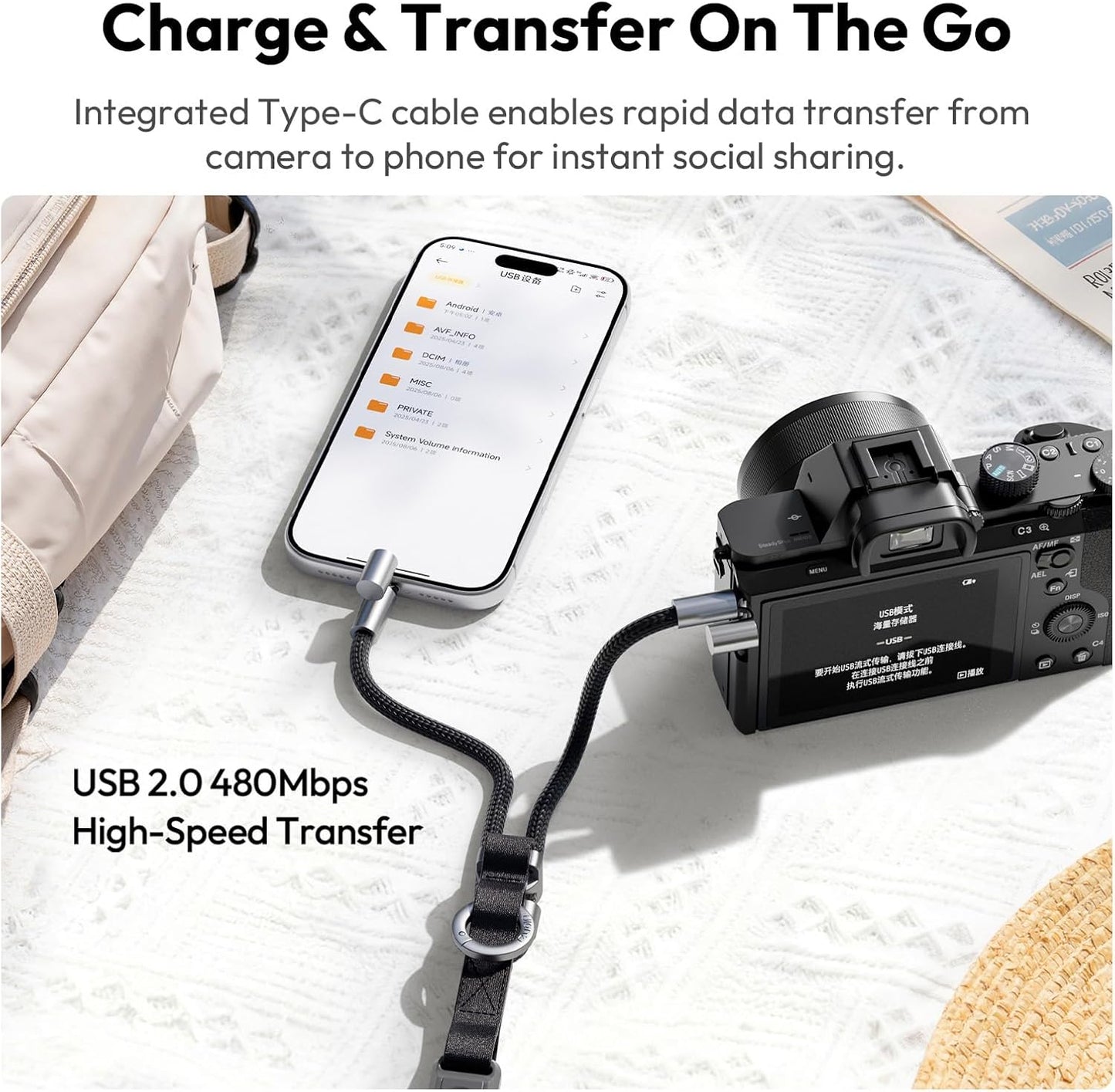 ULANZI YF01 Camera Strap USB-C Cable, 3-in-1 Quick Release, 51-59"