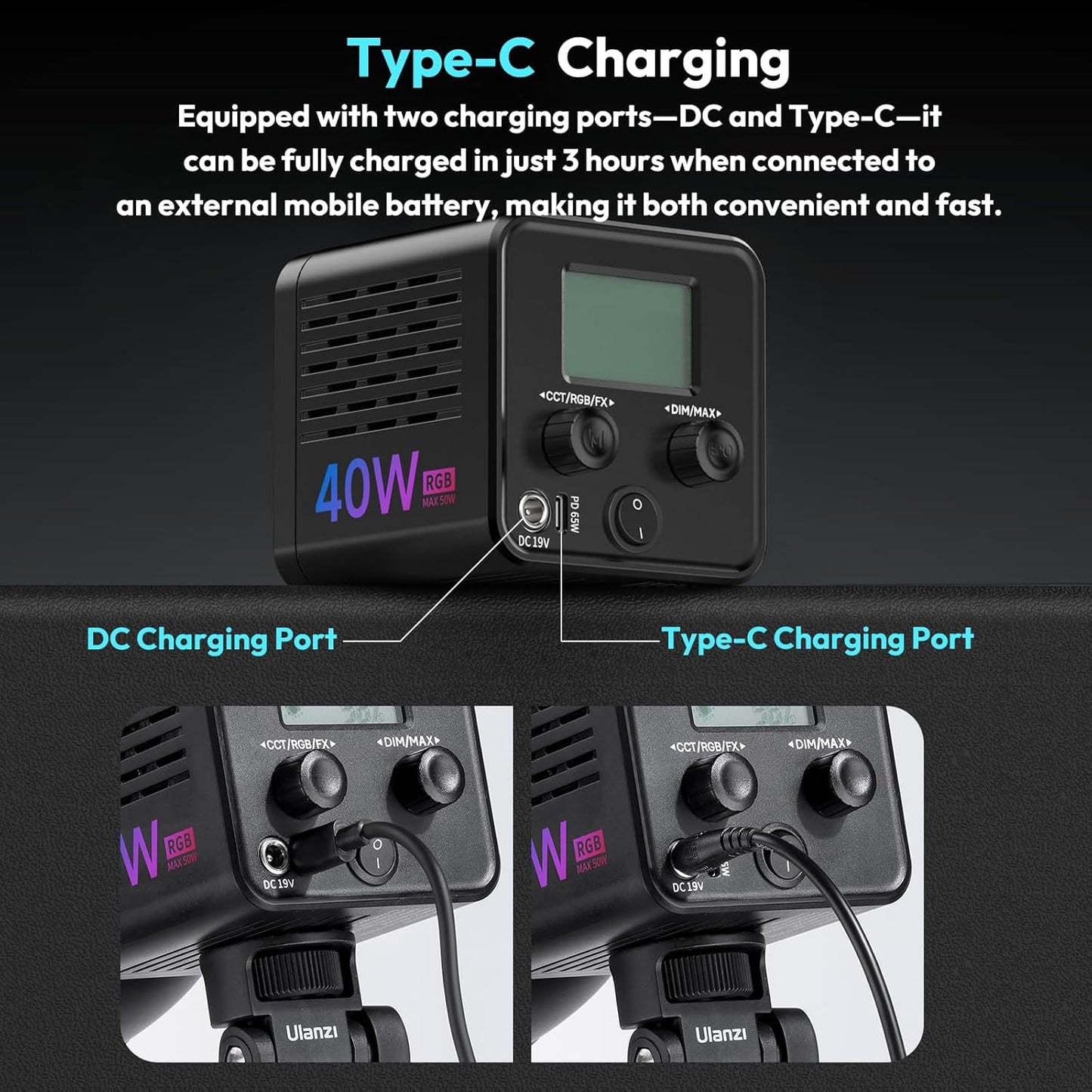 ULANZI 40W RGB LED Light | 2500-6500K | 3400mAh | DC Adapter | COB