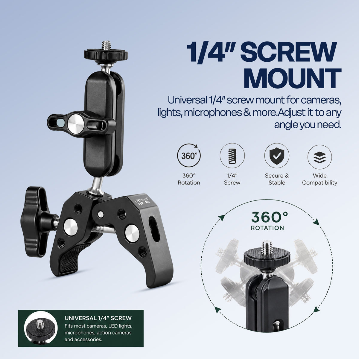HF-15 Super Clamp Mount, 360° Adjustable, CNC Alloy, 1/4" & 3/8" Thread
