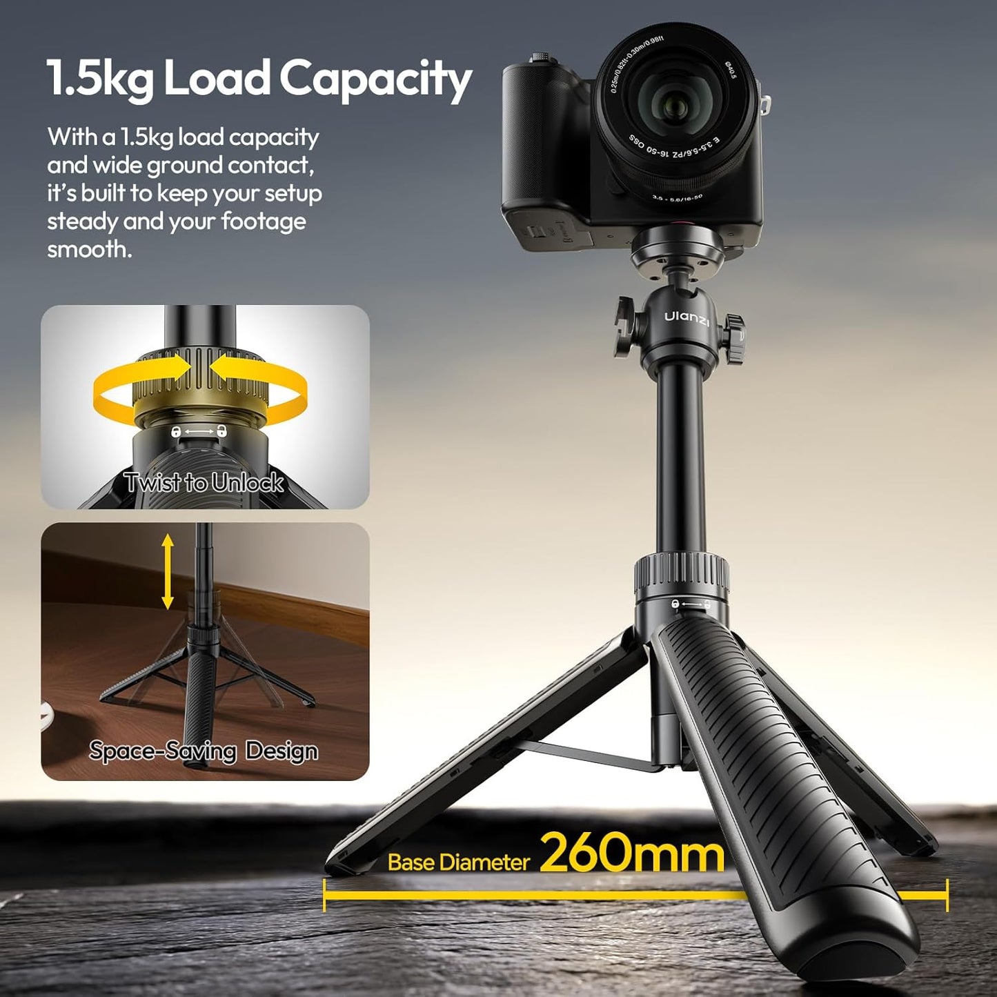 ULANZI MT90 Action Camera Tripod Grip w Ballhead, Cold Shoe & CKA Quick Release