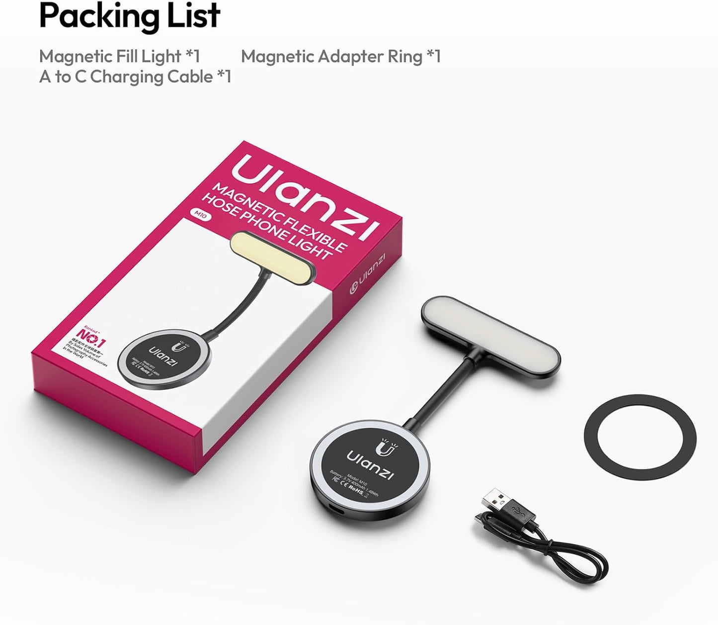 ULANZI M10 Magnetic Selfie Light Gooseneck | 2500-4500K, 5 Modes, MagSafe