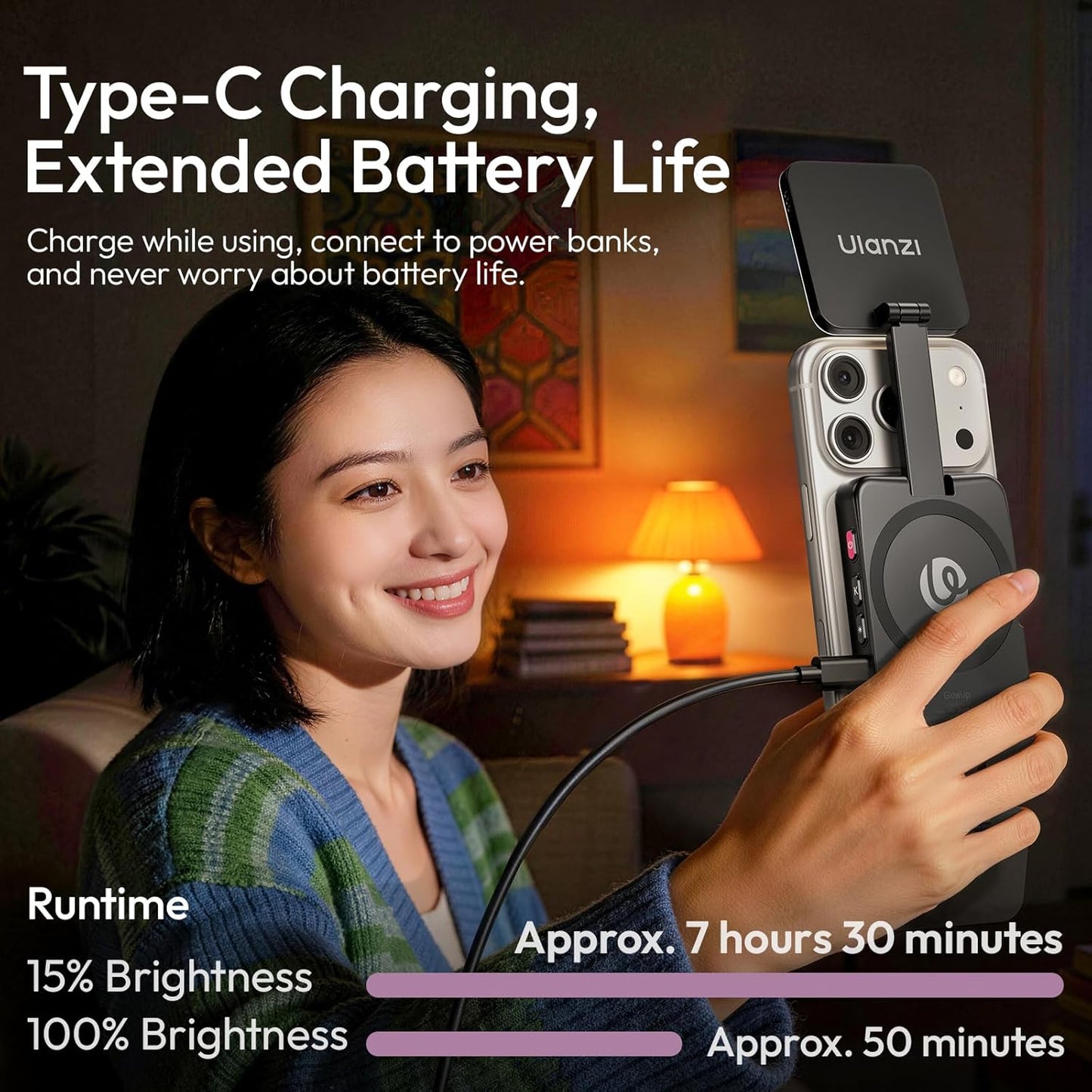 Ulanzi GL01 Magnetic Selfie Light Dual LED 2700-6500K Type-C Rechargeable MagSafe iPhone Pink/Black