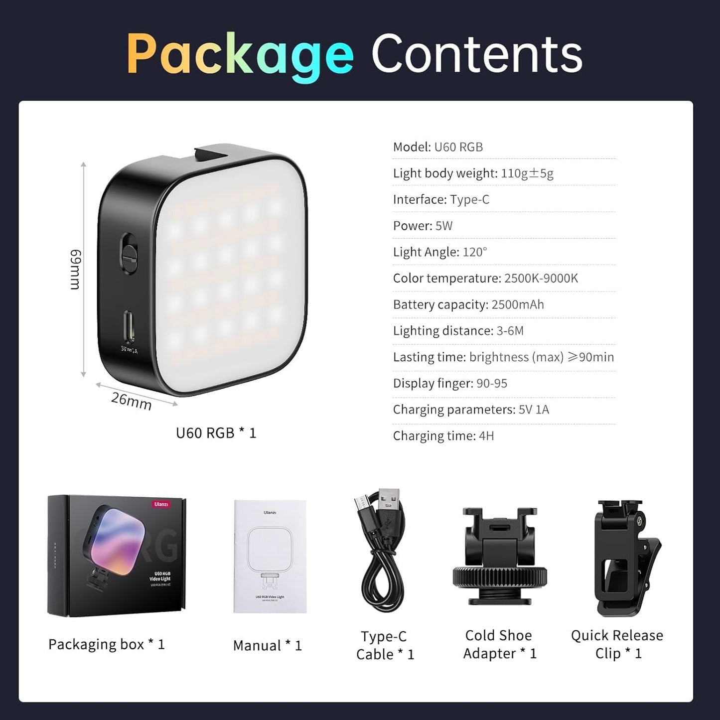 Ulanzi U60 (White) RGB Video Light, 360° Color, CRI≥95, 2500-9000K, 2500mAh