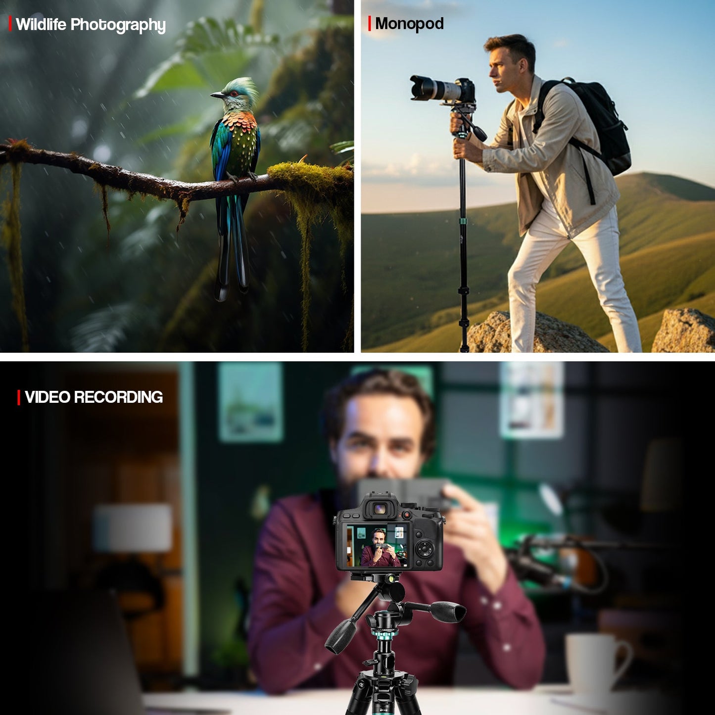 HF-999 Professional Portable Tripod Monopod with 3 Way Pan Head