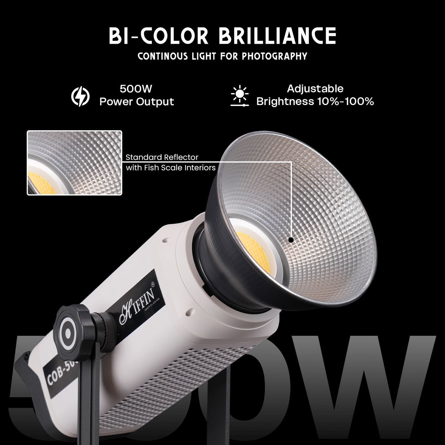 COB-500P Pro Bi-Color LED Video Light 51,800Lux Brightness 2800–6800K CCT Silent Cooling Bowens Mount