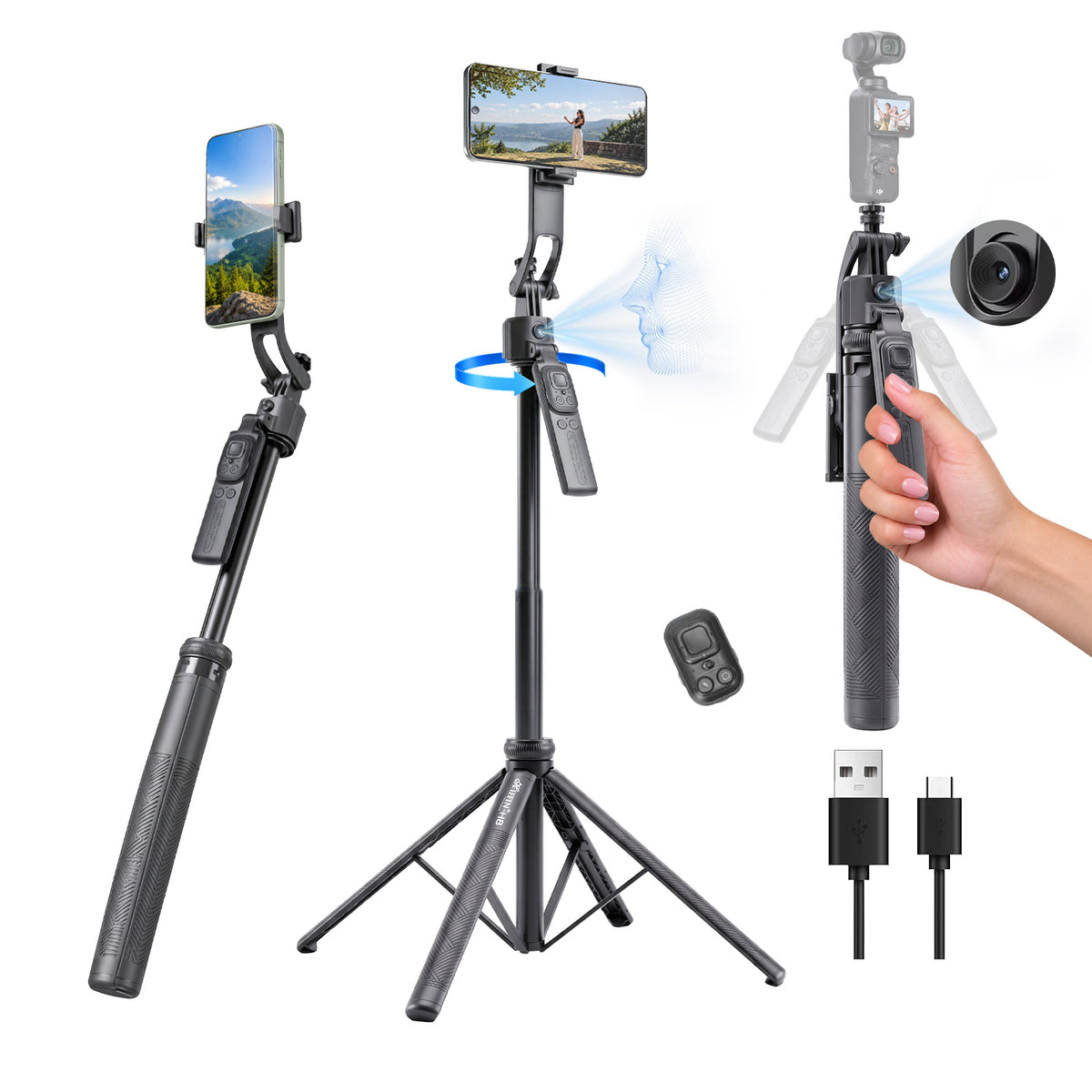 H8 Smart AI 360° Face-Tracking Selfie Stick Tripod, 63in/160cm Quad-Leg Stand